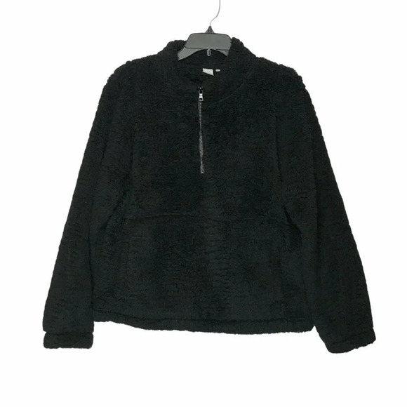 GAP Sweatshirt Women's Sz M Fleece Sherpa 1/4 Zip Pullover Kangaroo Pocket Black - Picture 1 of 10